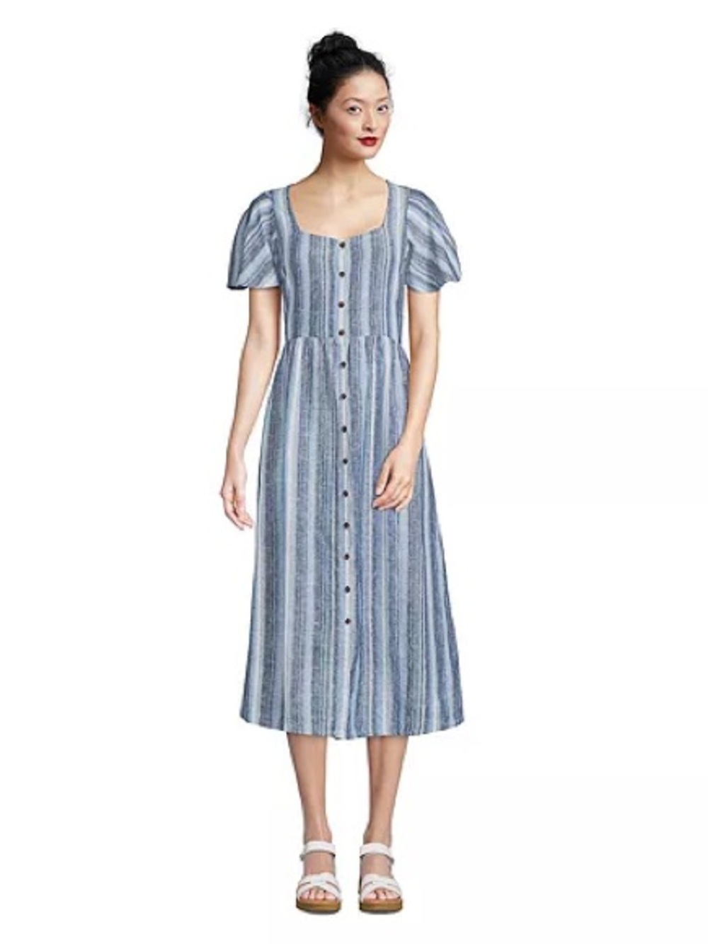 Lands’ End Women's Linen Sweetheart Button Front Midi Dress Blue 14-16